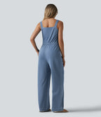 Drawstring Straight Leg Denim Casual Jumpsuit with Pockets — Malibu Blue Denim — view 2