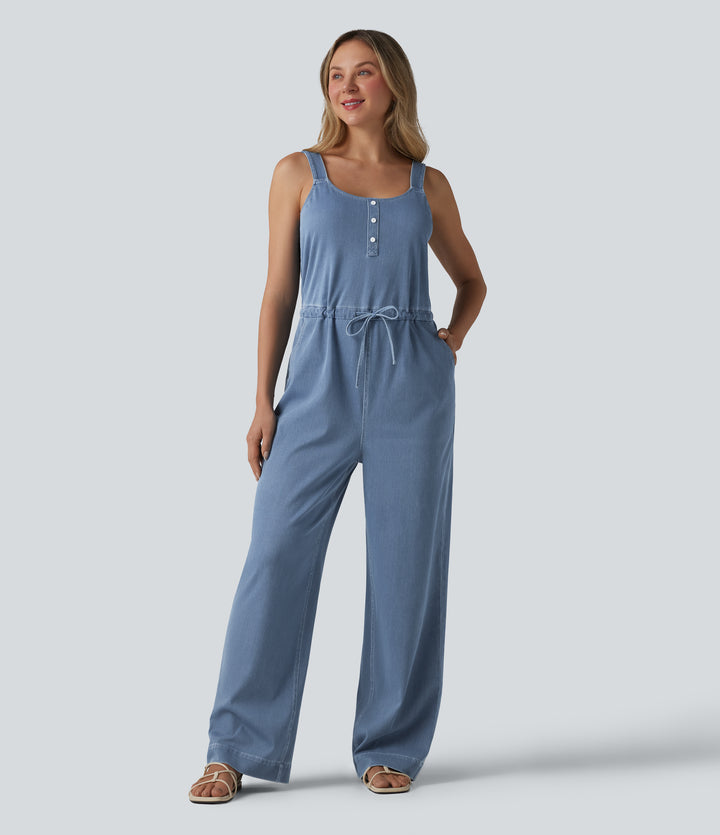 Drawstring Straight Leg Denim Casual Jumpsuit with Pockets — Malibu Blue Denim — view 1