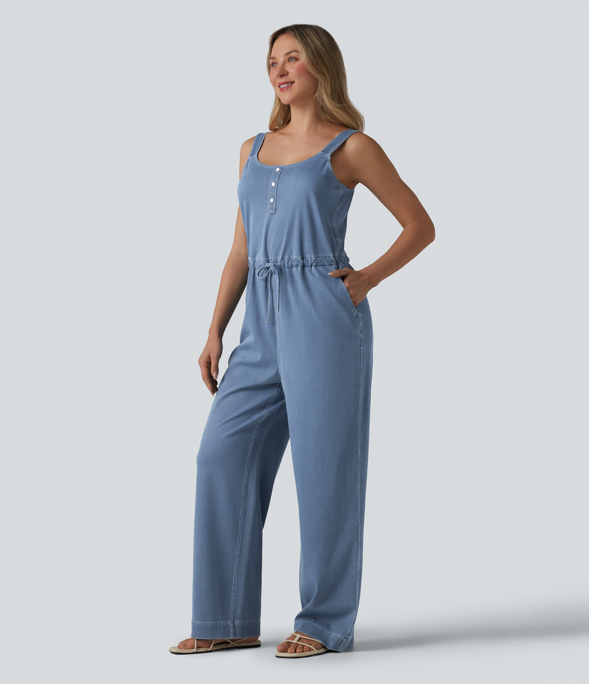 Drawstring Straight Leg Denim Casual Jumpsuit with Pockets — Malibu Blue Denim — view 3