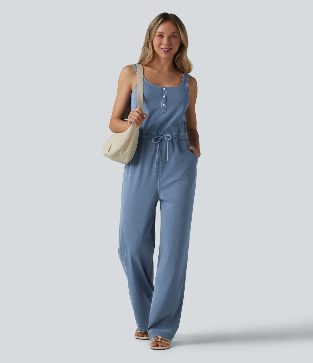 Drawstring Straight Leg Denim Casual Jumpsuit with Pockets — Malibu Blue Denim — view 6