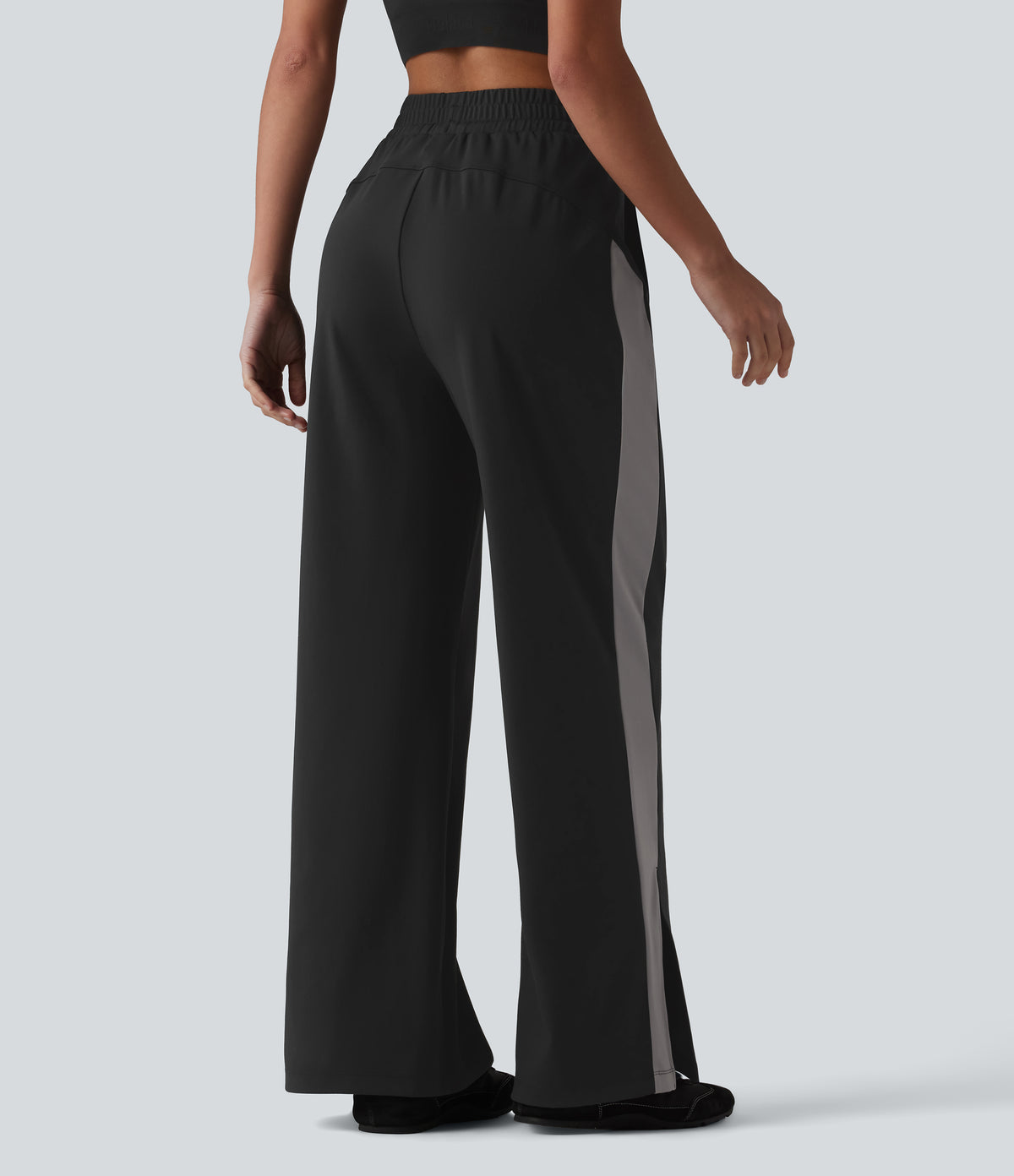 High Waisted Drawstring Color Block Stripe Split Straight Leg Yoga Trousers with Pockets — Black — view 2