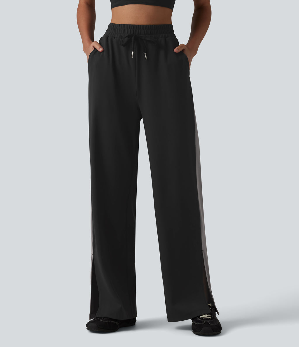 High Waisted Drawstring Color Block Stripe Split Straight Leg Yoga Trousers with Pockets — Black — view 1
