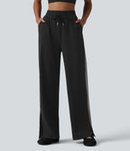 High Waisted Drawstring Color Block Stripe Split Straight Leg Yoga Trousers with Pockets — Black — view 1