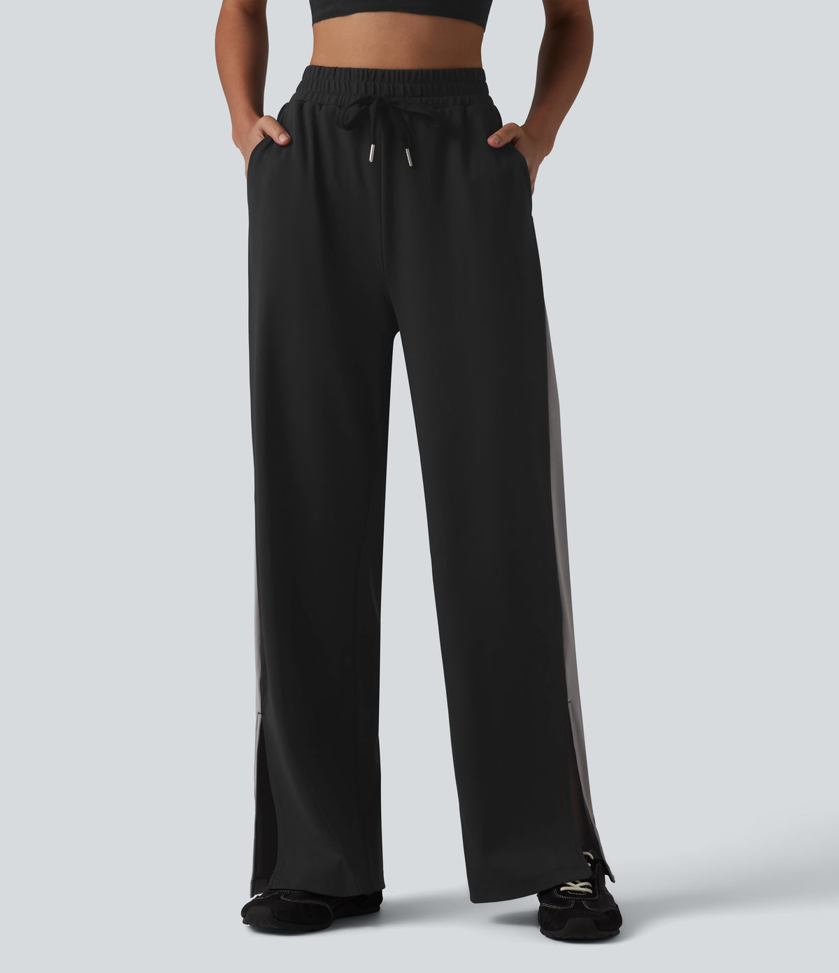 High Waisted Drawstring Color Block Stripe Split Straight Leg Yoga Trousers with Pockets — Black — view 1