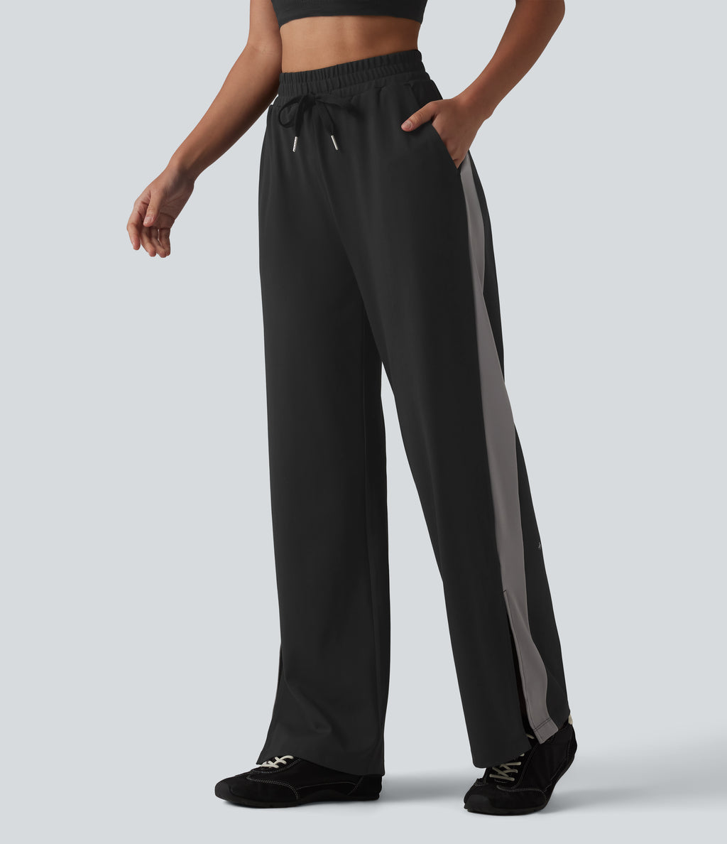 High Waisted Drawstring Color Block Stripe Split Straight Leg Yoga Trousers with Pockets — Black — view 3