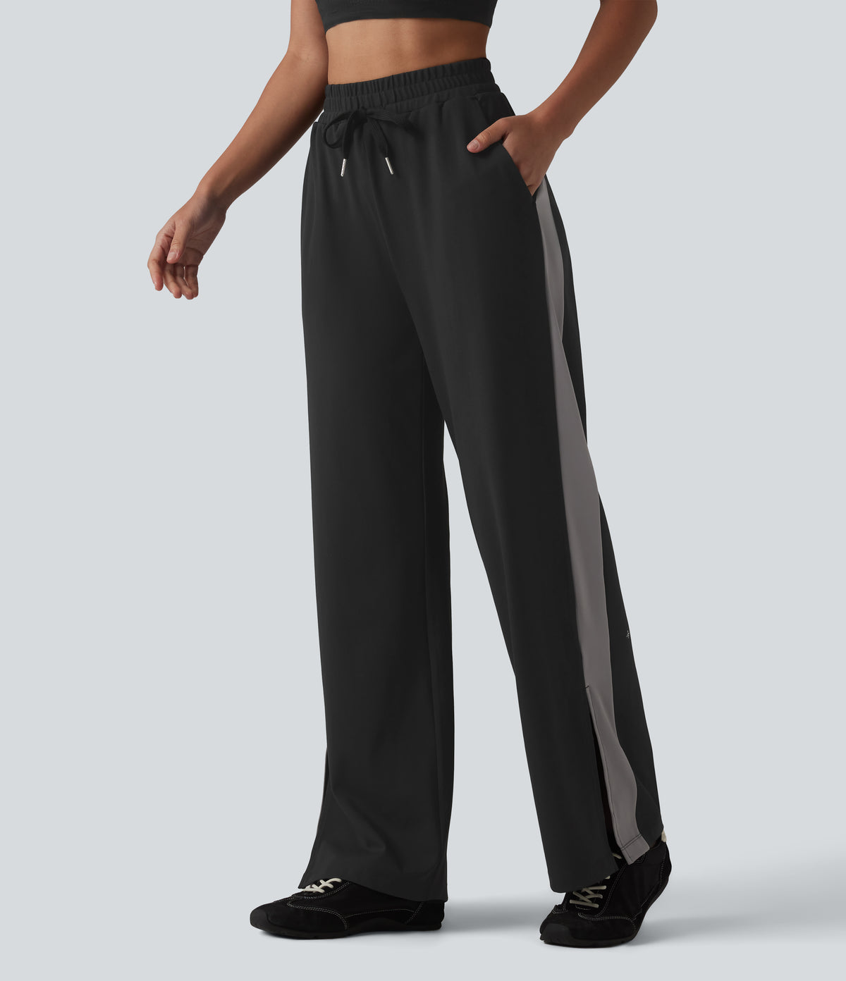 High Waisted Drawstring Color Block Stripe Split Straight Leg Yoga Trousers with Pockets — Black — view 3