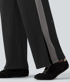 High Waisted Drawstring Color Block Stripe Split Straight Leg Yoga Trousers with Pockets — Black — view 5
