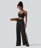 High Waisted Drawstring Color Block Stripe Split Straight Leg Yoga Trousers with Pockets — Black — view 6