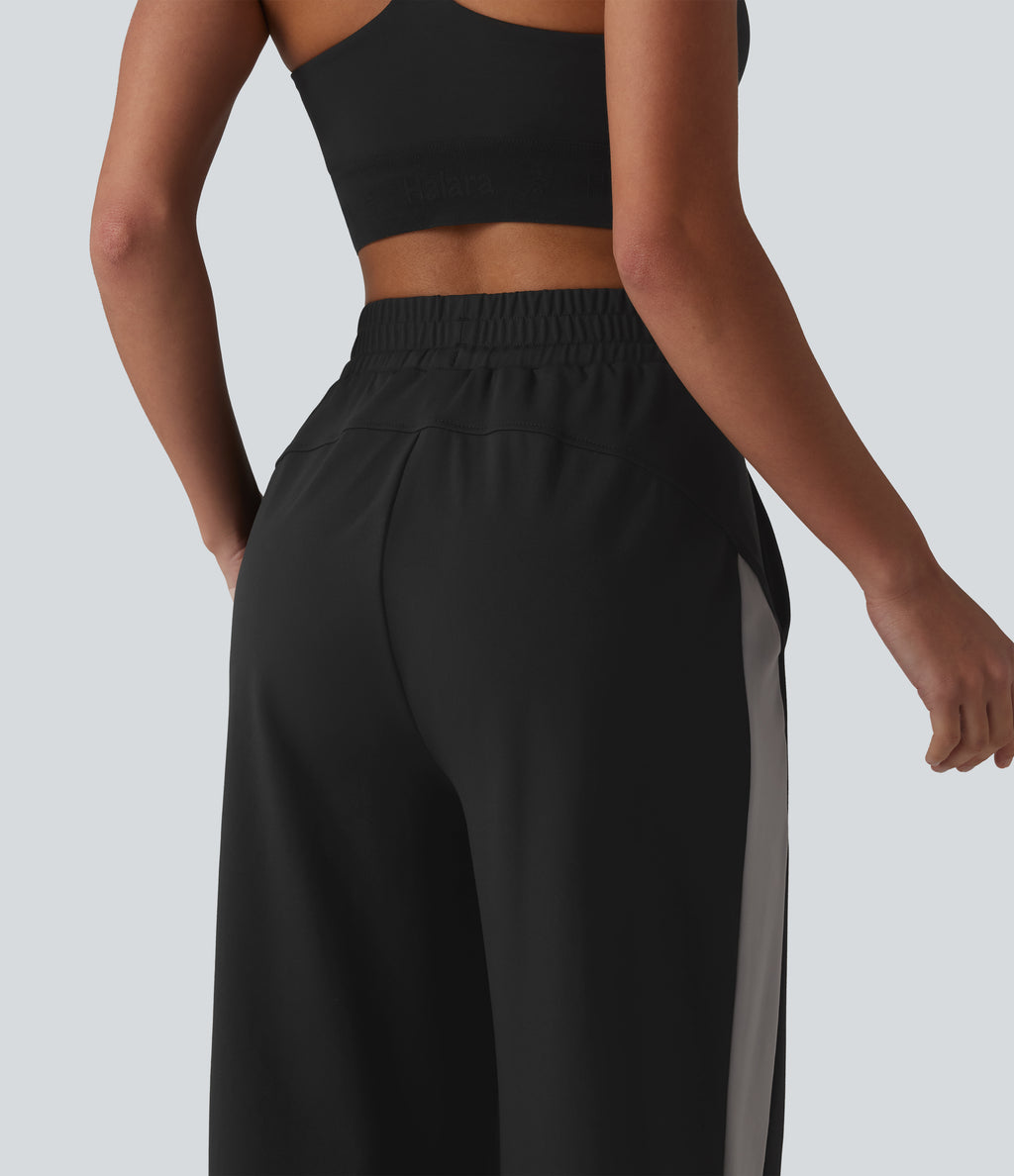 High Waisted Drawstring Color Block Stripe Split Straight Leg Yoga Trousers with Pockets — Black — view 4