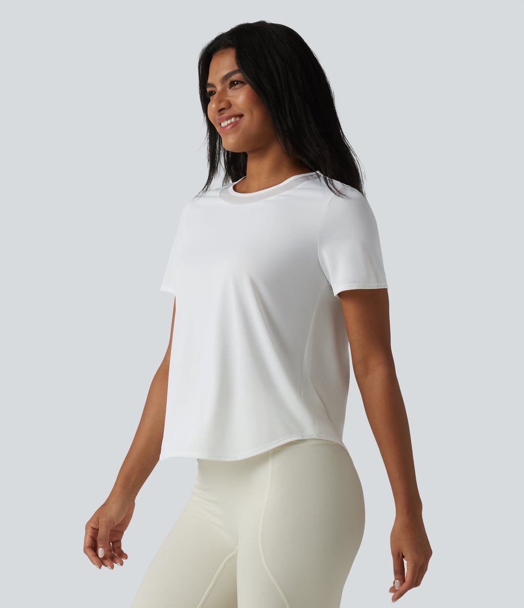 Round Neck Short Sleeve Contrast Mesh Curved Hem Running Sports Top — White — view 3