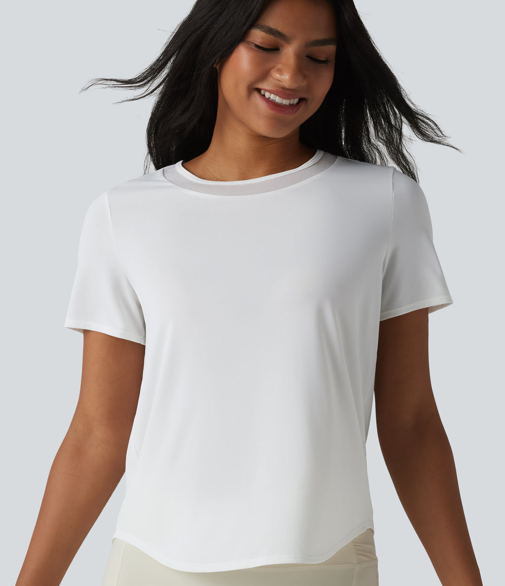 Round Neck Short Sleeve Contrast Mesh Curved Hem Running Sports Top — White — view 5