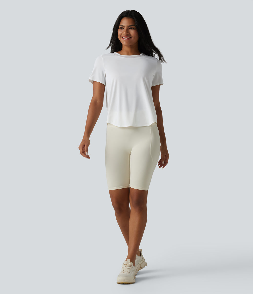 Round Neck Short Sleeve Contrast Mesh Curved Hem Running Sports Top — White — view 6