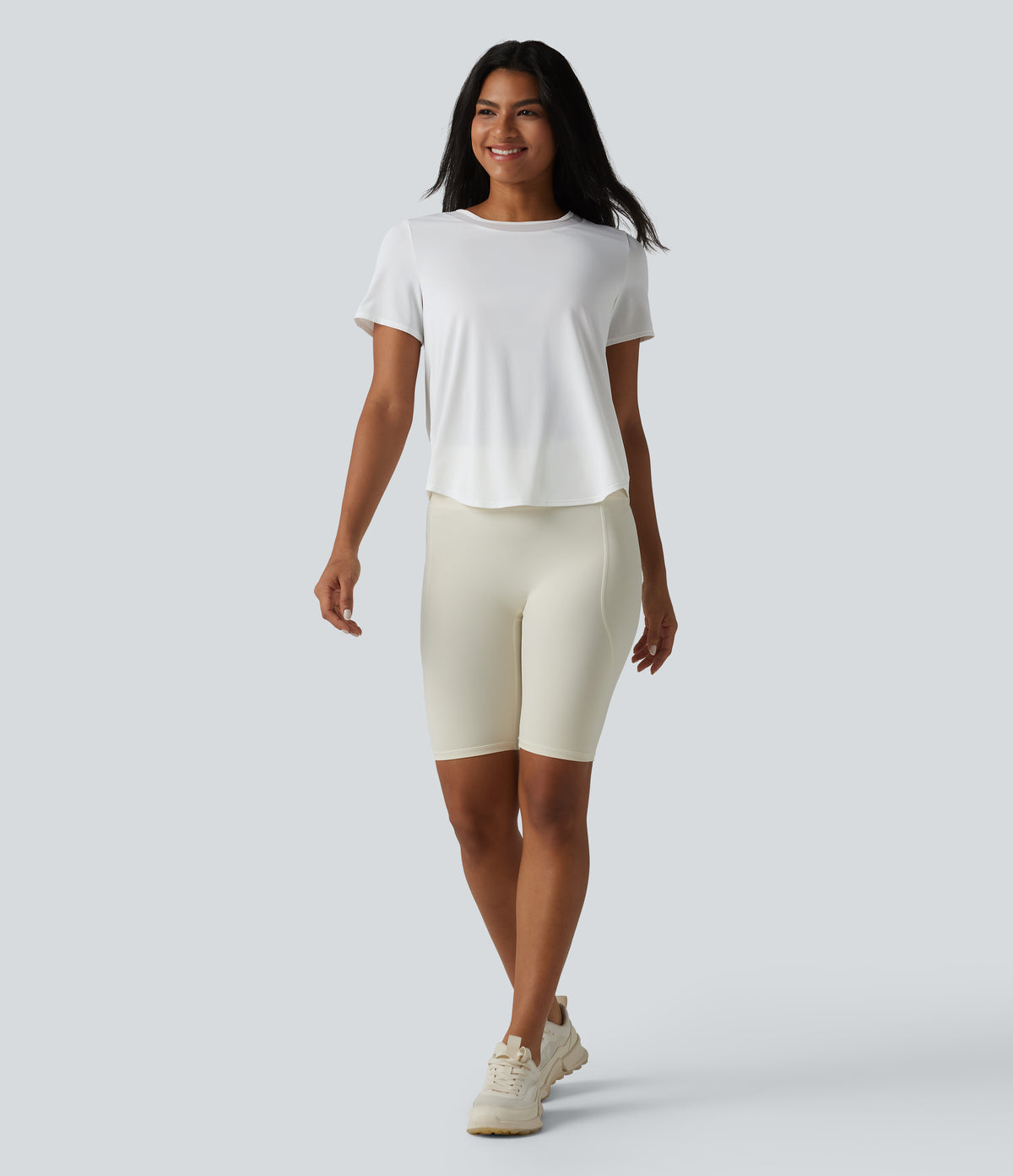 Round Neck Short Sleeve Contrast Mesh Curved Hem Running Sports Top — White — view 6