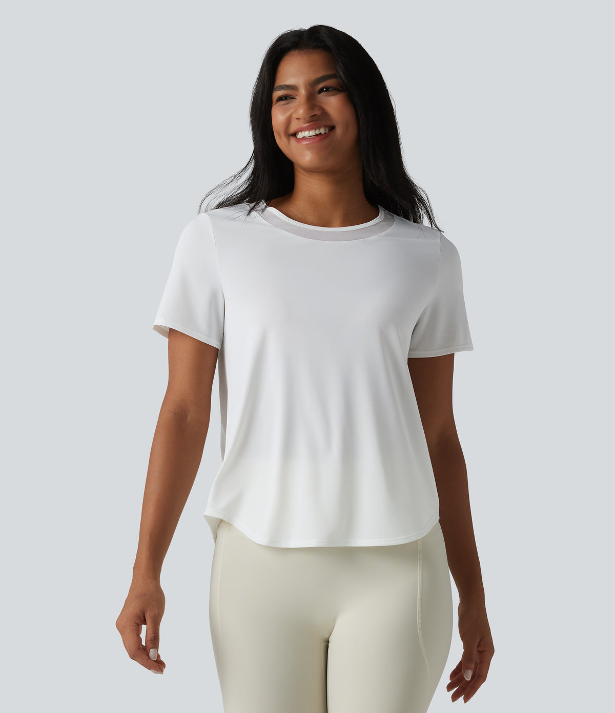 Round Neck Short Sleeve Contrast Mesh Curved Hem Running Sports Top — White — view 2