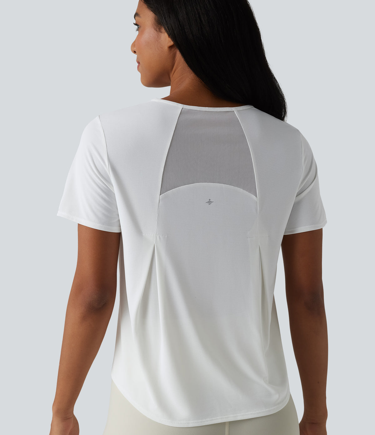 Round Neck Short Sleeve Contrast Mesh Curved Hem Running Sports Top — White — view 1