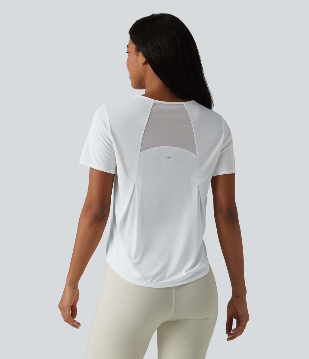 Round Neck Short Sleeve Contrast Mesh Curved Hem Running Sports Top — White — view 4
