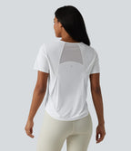 Round Neck Short Sleeve Contrast Mesh Curved Hem Running Sports Top — White — view 4