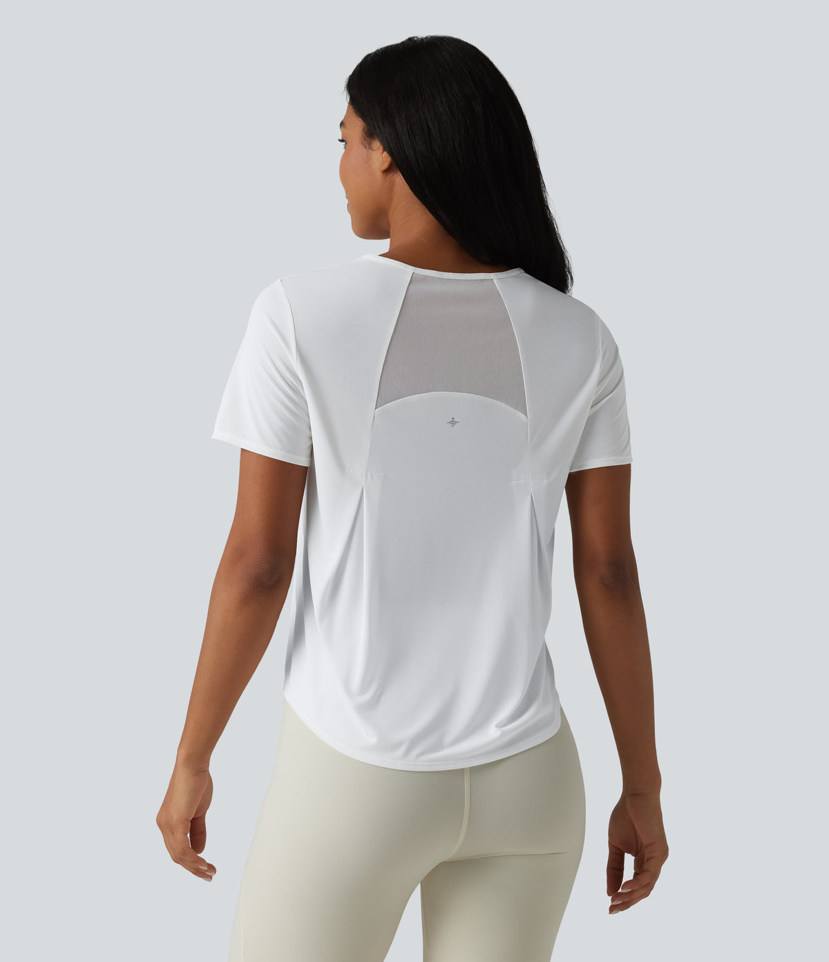 Round Neck Short Sleeve Contrast Mesh Curved Hem Running Sports Top — White — view 4