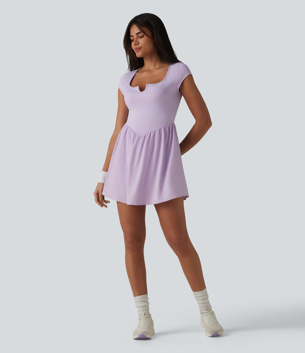 Notched Short Sleeve 2-in-1 Mini Tennis Active Dress with Pocket-Edition — Pastel Lilac — view 7