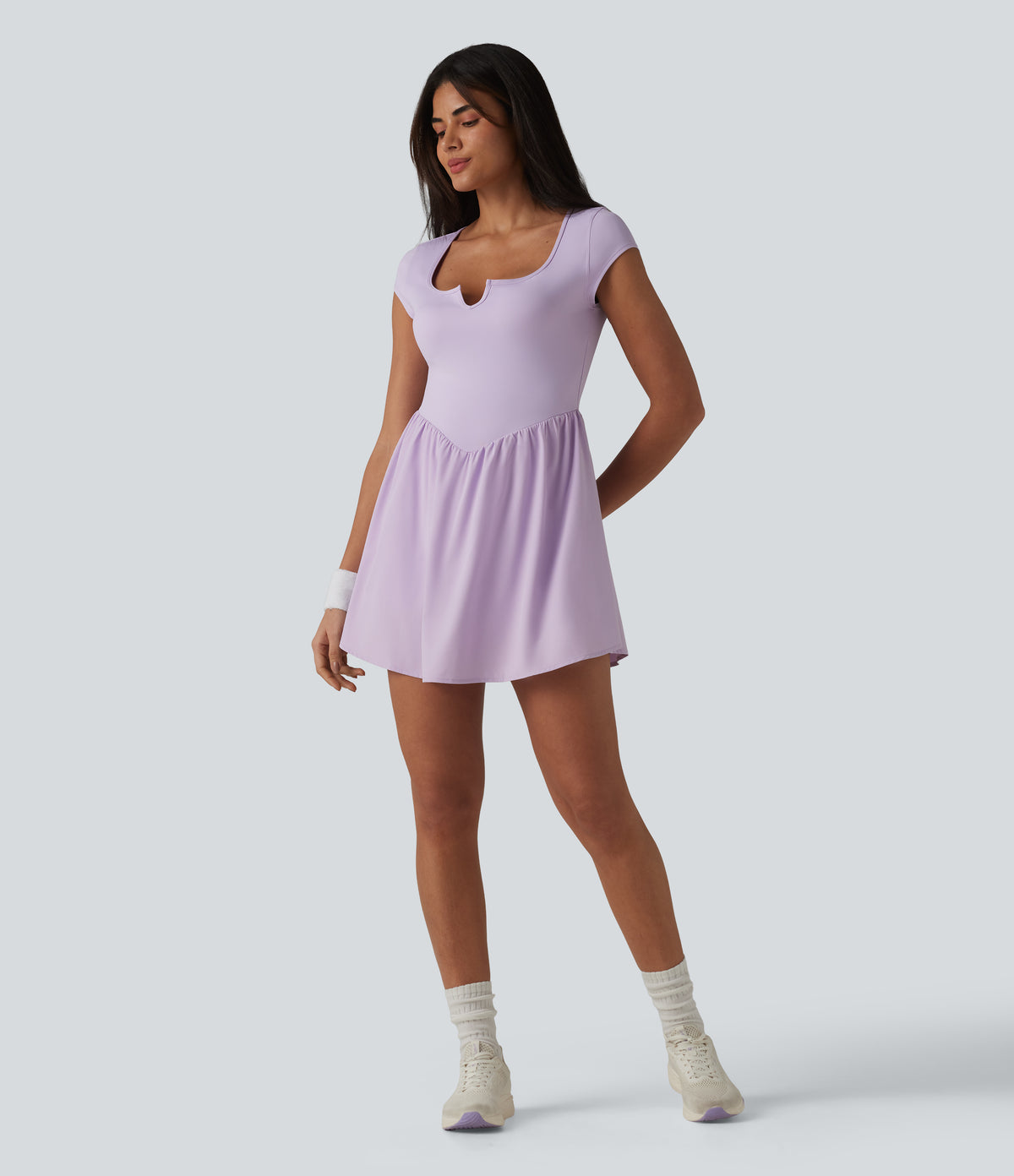 Notched Short Sleeve 2-in-1 Mini Tennis Active Dress with Pocket-Edition — Pastel Lilac — view 7