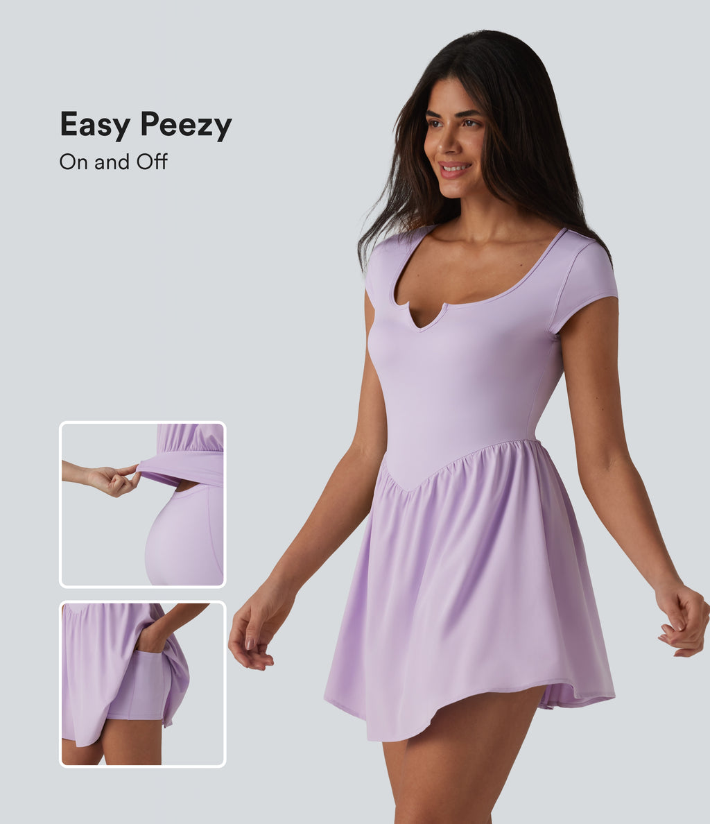 Notched Short Sleeve 2-in-1 Mini Tennis Active Dress with Pocket-Edition — Pastel Lilac — view 1