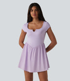 Notched Short Sleeve 2-in-1 Mini Tennis Active Dress with Pocket-Edition — Pastel Lilac — view 3