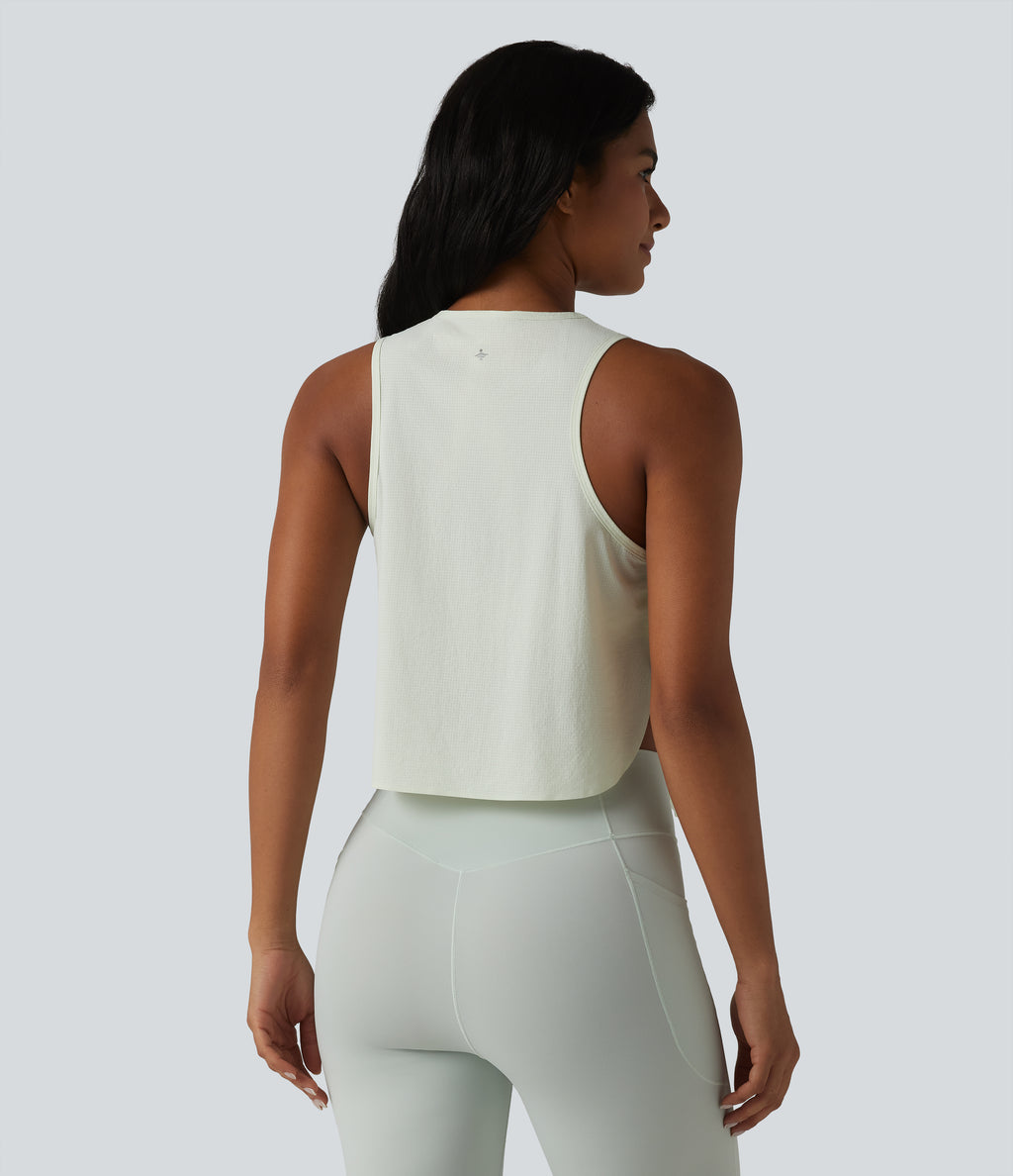 Round Neck Split Curved Hem Running Tank Top — Green Tint — view 2