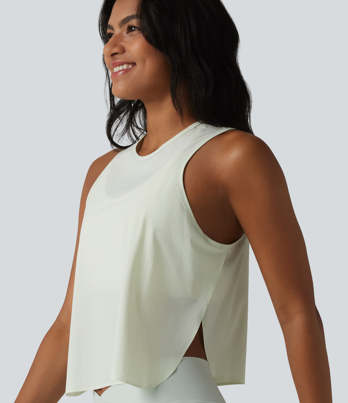 Round Neck Split Curved Hem Running Tank Top — Green Tint — view 1