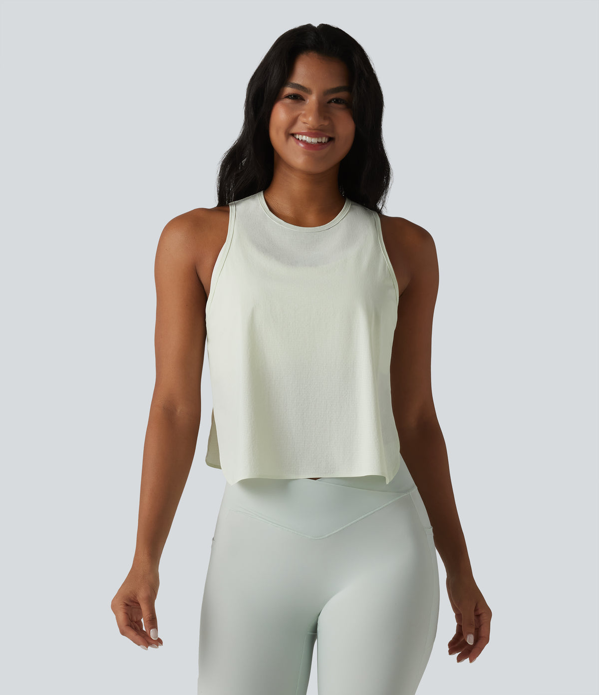 Round Neck Split Curved Hem Running Tank Top — Green Tint — view 4
