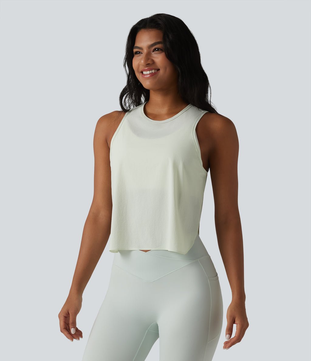 Round Neck Split Curved Hem Running Tank Top — Green Tint — view 3