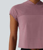 Hooded Cap Sleeve Cropped Breathable Mesh InstantCool Quick Dry Running Sports Top-UPF50+ — Nostalgia Rose — view 6