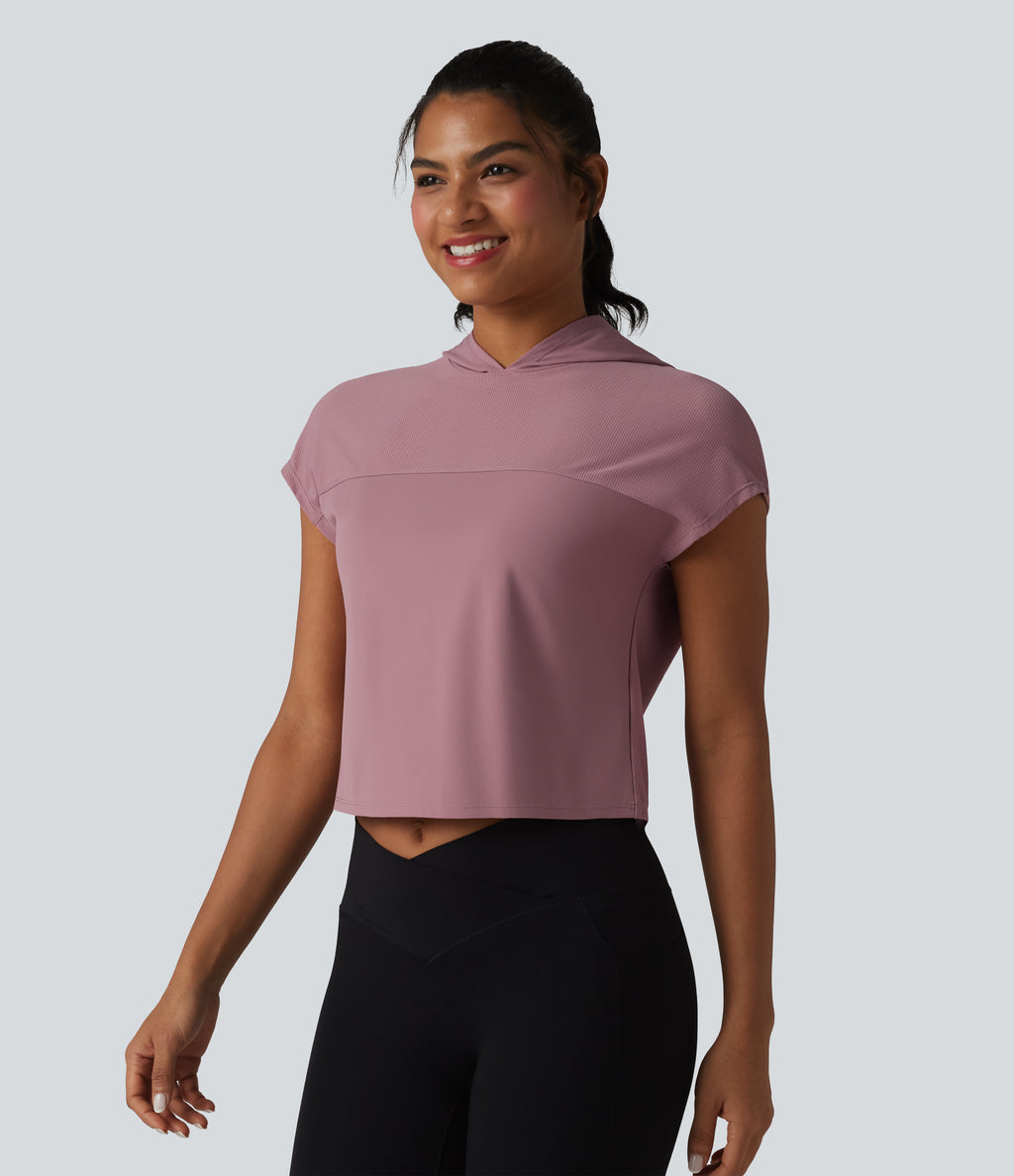 Hooded Cap Sleeve Cropped Breathable Mesh InstantCool Quick Dry Running Sports Top-UPF50+ — Nostalgia Rose — view 2