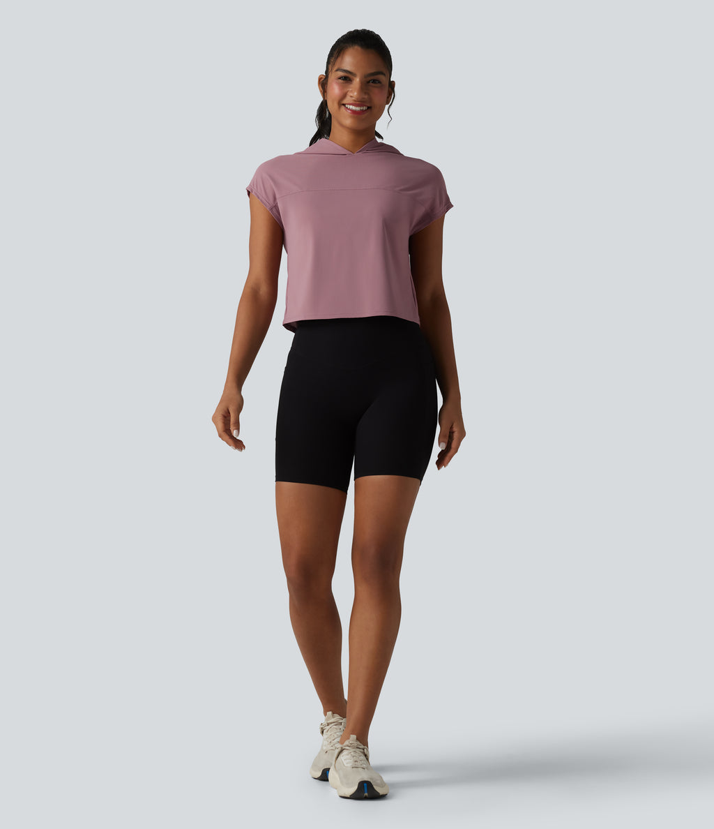 Hooded Cap Sleeve Cropped Breathable Mesh InstantCool Quick Dry Running Sports Top-UPF50+ — Nostalgia Rose — view 7