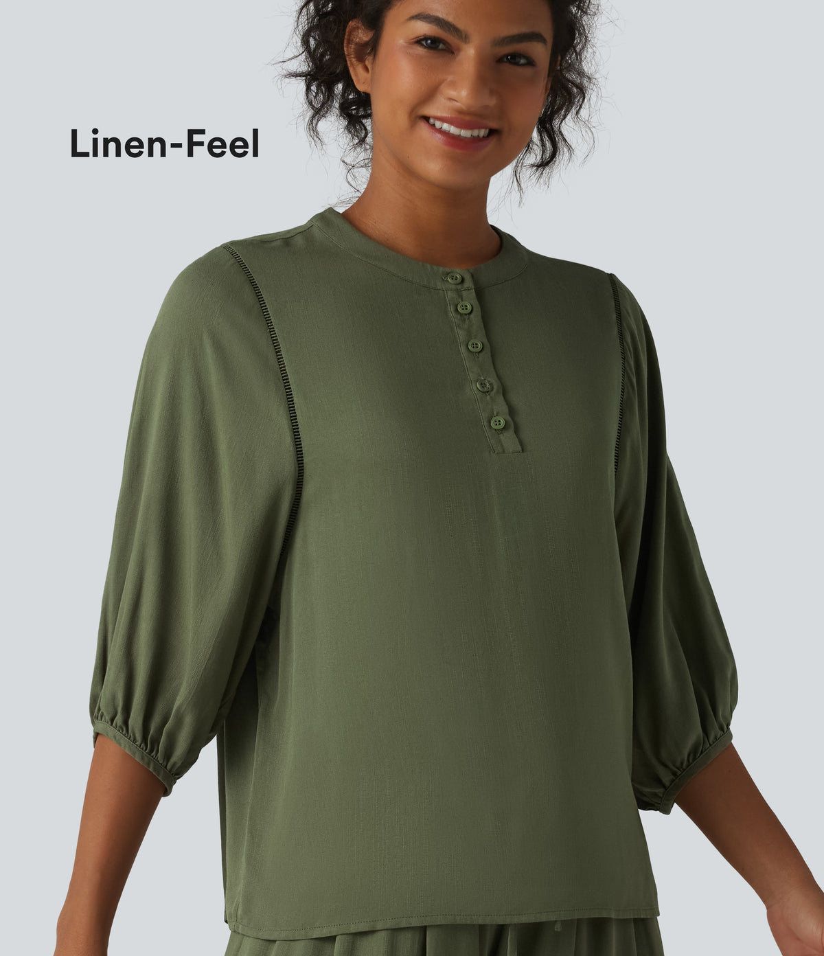 Henley Neck 3/4 Sleeve Linen-Feel Resort Blouse — Dull Grey Green — view 1