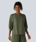 Henley Neck 3/4 Sleeve Linen-Feel Resort Blouse — Dull Grey Green — view 4