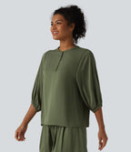 Henley Neck 3/4 Sleeve Linen-Feel Resort Blouse — Dull Grey Green — view 3