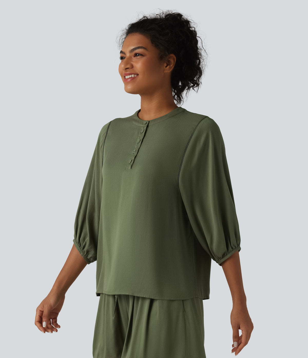 Henley Neck 3/4 Sleeve Linen-Feel Resort Blouse — Dull Grey Green — view 3