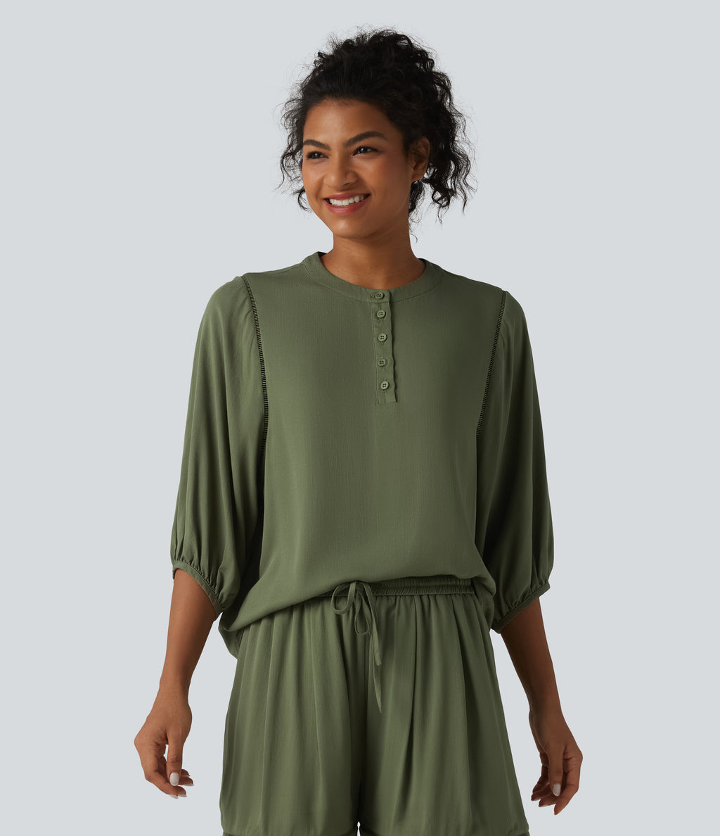 Henley Neck 3/4 Sleeve Linen-Feel Resort Blouse — Dull Grey Green — view 5