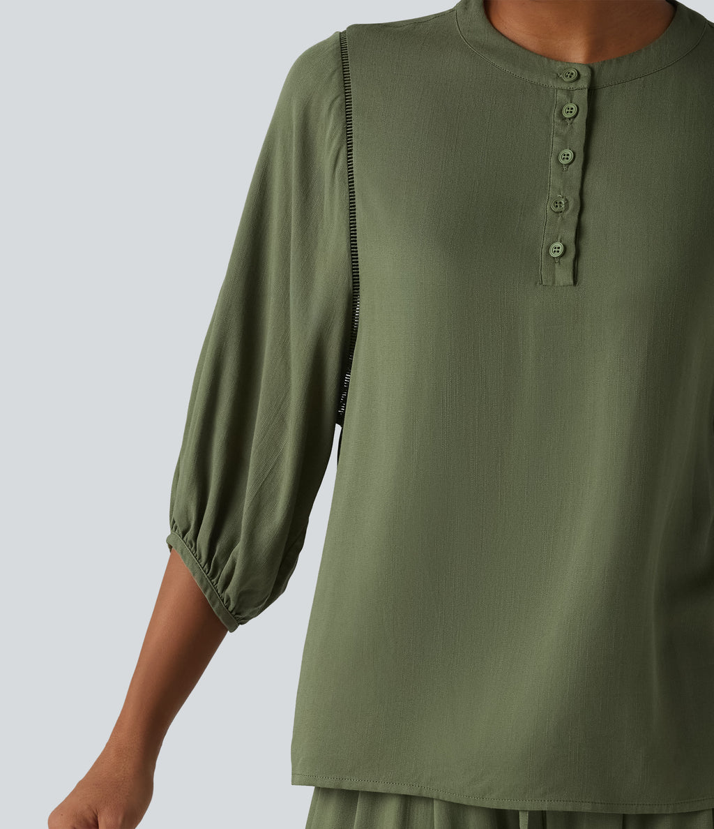 Henley Neck 3/4 Sleeve Linen-Feel Resort Blouse — Dull Grey Green — view 6