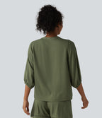 Henley Neck 3/4 Sleeve Linen-Feel Resort Blouse — Dull Grey Green — view 2