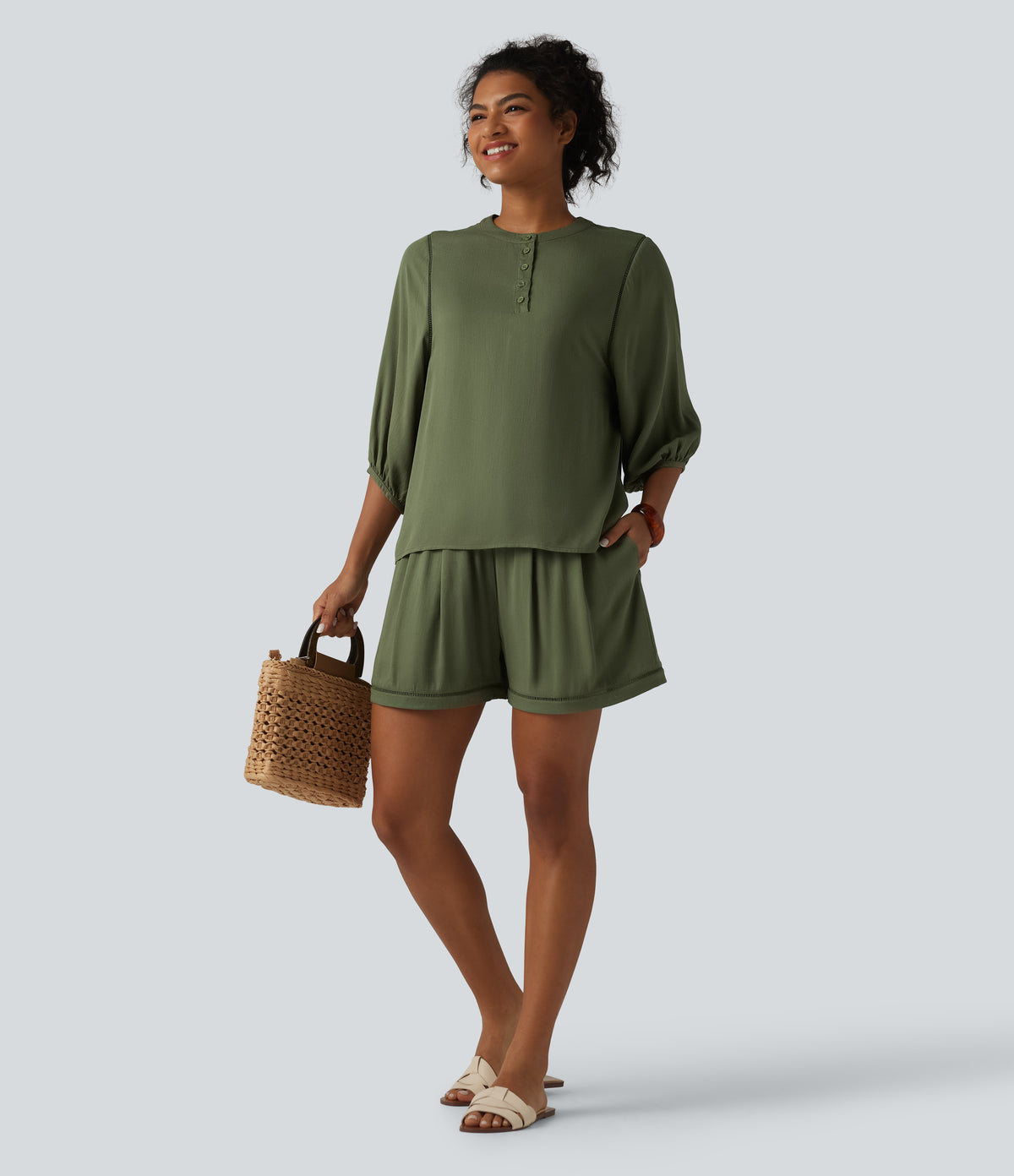 Henley Neck 3/4 Sleeve Linen-Feel Resort Blouse — Dull Grey Green — view 7