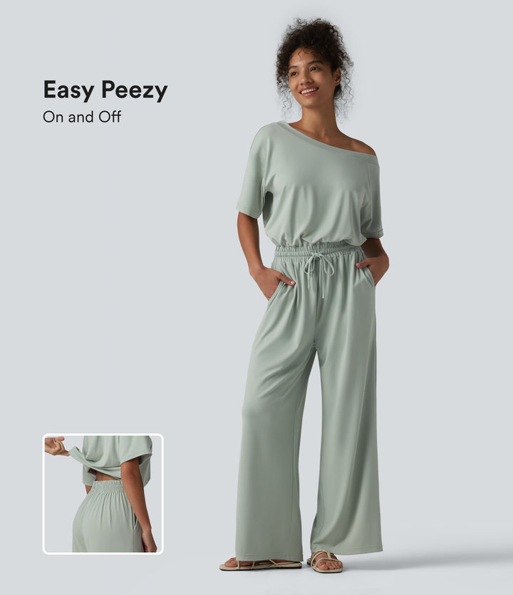 Boat Neck Short Sleeve Drawstring Baggy Casual Jumpsuit with Pockets-Edition — Aqua Gray — view 1