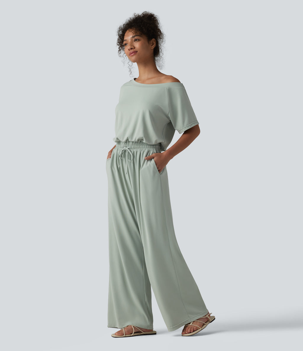 Boat Neck Short Sleeve Drawstring Baggy Casual Jumpsuit with Pockets-Edition — Aqua Gray — view 3