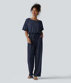 Boat Neck Short Sleeve Drawstring Baggy Casual Jumpsuit with Pockets-Edition — Denim Blue — view 6