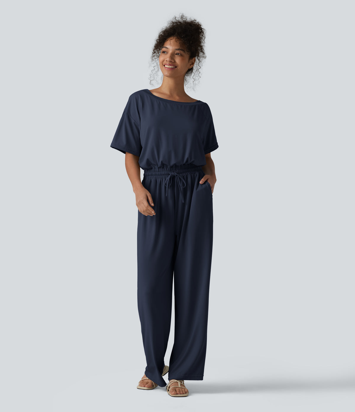 Boat Neck Short Sleeve Drawstring Baggy Casual Jumpsuit with Pockets-Edition — Denim Blue — view 6