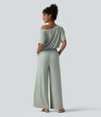 Boat Neck Short Sleeve Drawstring Baggy Casual Jumpsuit with Pockets-Edition — Aqua Gray — view 2