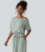 Boat Neck Short Sleeve Drawstring Baggy Casual Jumpsuit with Pockets-Edition — Aqua Gray — view 4
