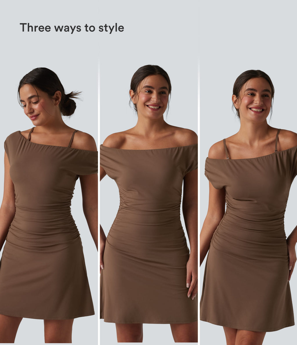 Off-shoulder Removable Strap Built-in Bra 2-in-1 Yoga Active Dress with Pockets-A-D Cups — Soft Silt — view 5
