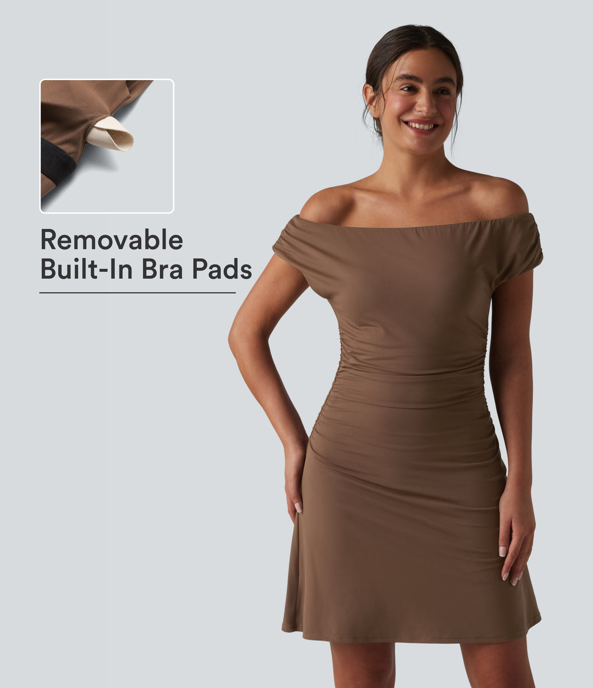 Off-shoulder Removable Strap Built-in Bra 2-in-1 Yoga Active Dress with Pockets-A-D Cups — Soft Silt — view 6