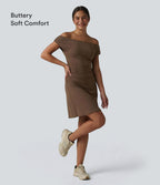 Off-shoulder Removable Strap Built-in Bra 2-in-1 Yoga Active Dress with Pockets-A-D Cups — Soft Silt — view 4